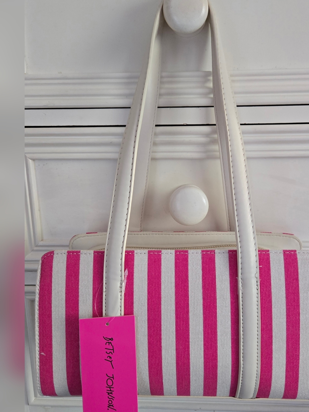 Betsey Johnson Pink and Cream Striped Purse with Floral Charm NWT - Picture 3 of 8